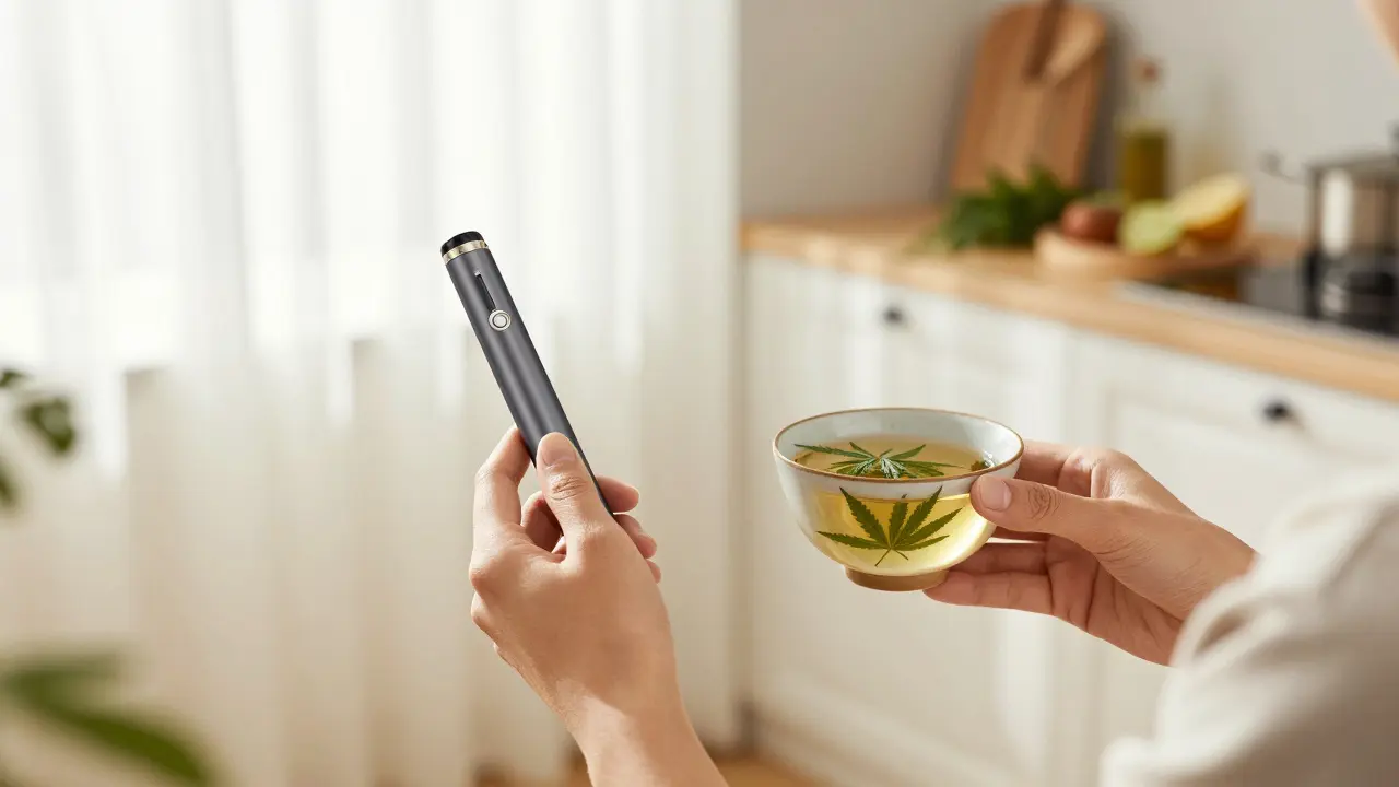 Person hält Vaporizer und Tee mit Hanfblättern in hellem Wohnzimmer