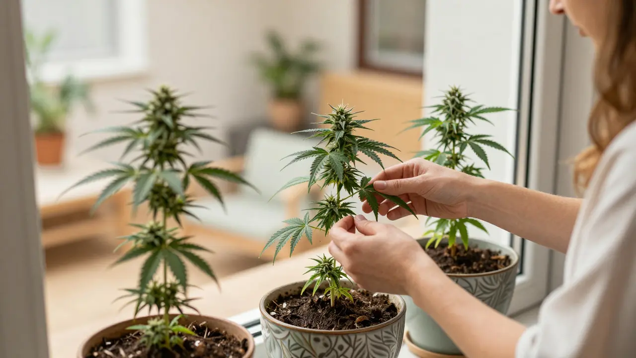 Person pflegt drei legale Cannabispflanzen auf einem sonnigen Balkon