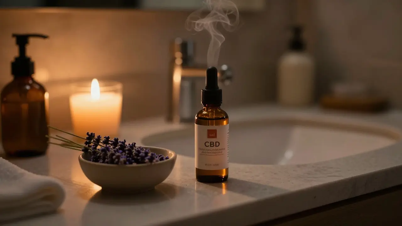 Ruhiges Badezimmer mit Lavendel und Kerze für Abendroutine