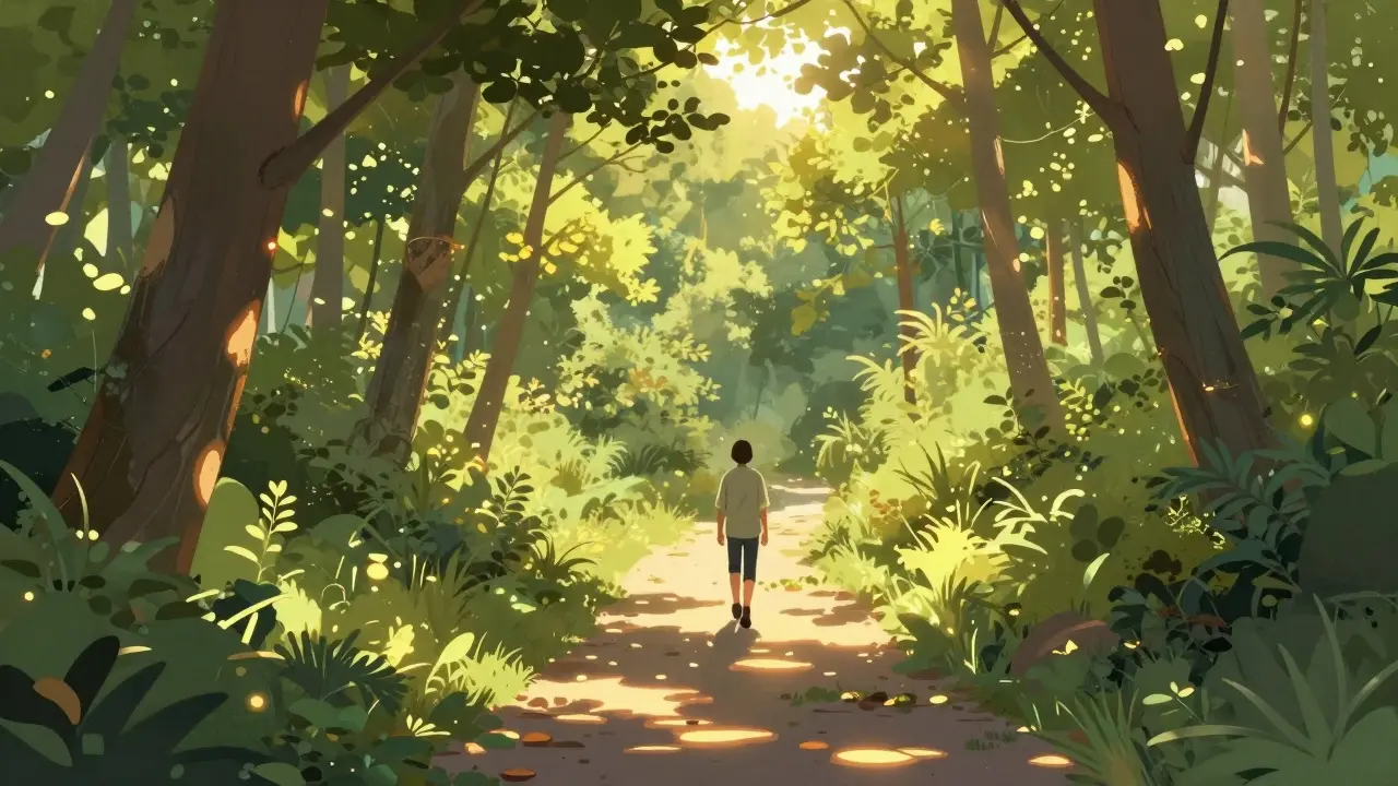 Spaziergang im sonnenbeschienenen Wald für ruhige Naturerfahrung