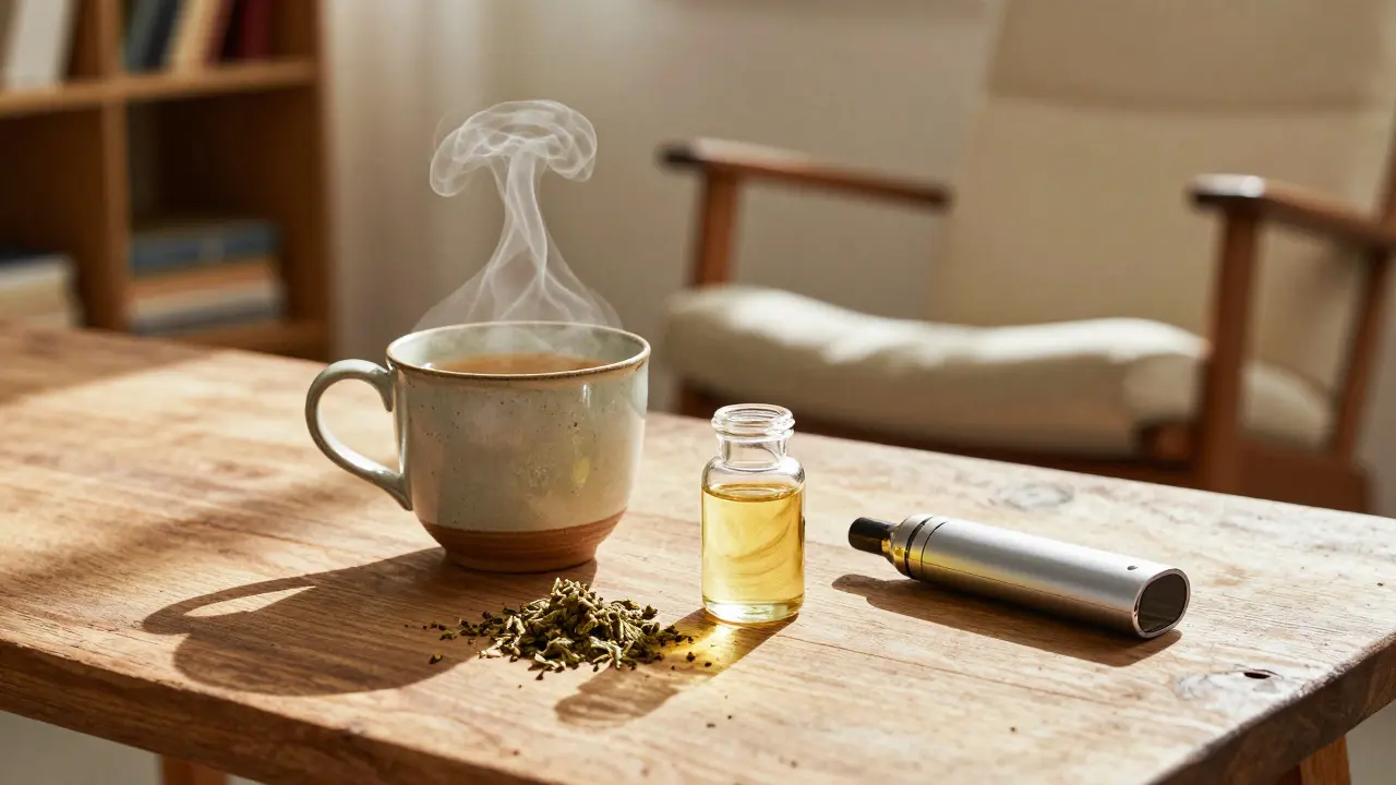 Tee, Öl und Vaporizer auf einem Holztisch für Entspannung