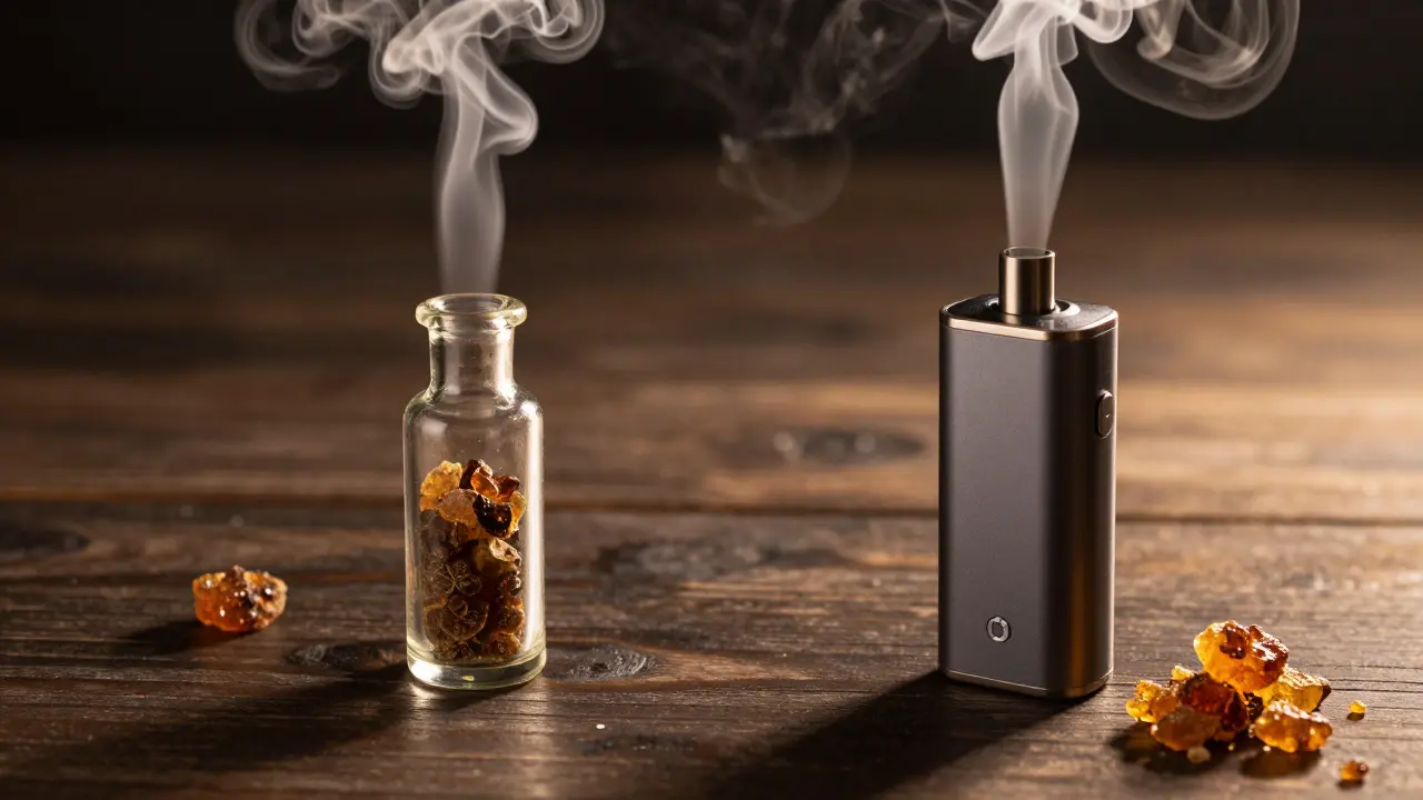 Vergleich von rauchender Pfeife mit Dunst und sauberem Vaporizer auf Tisch.