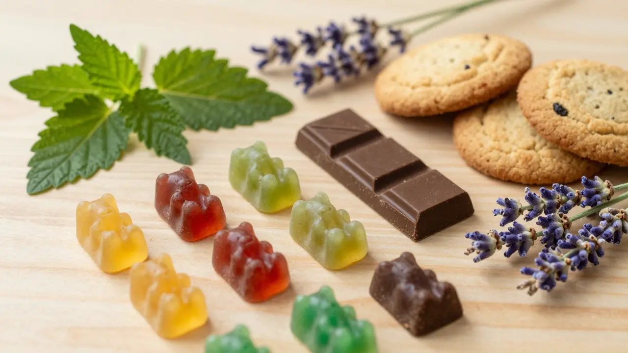 Verschiedene Cannabis-Edibles und Kräuter zur Terpendarstellung