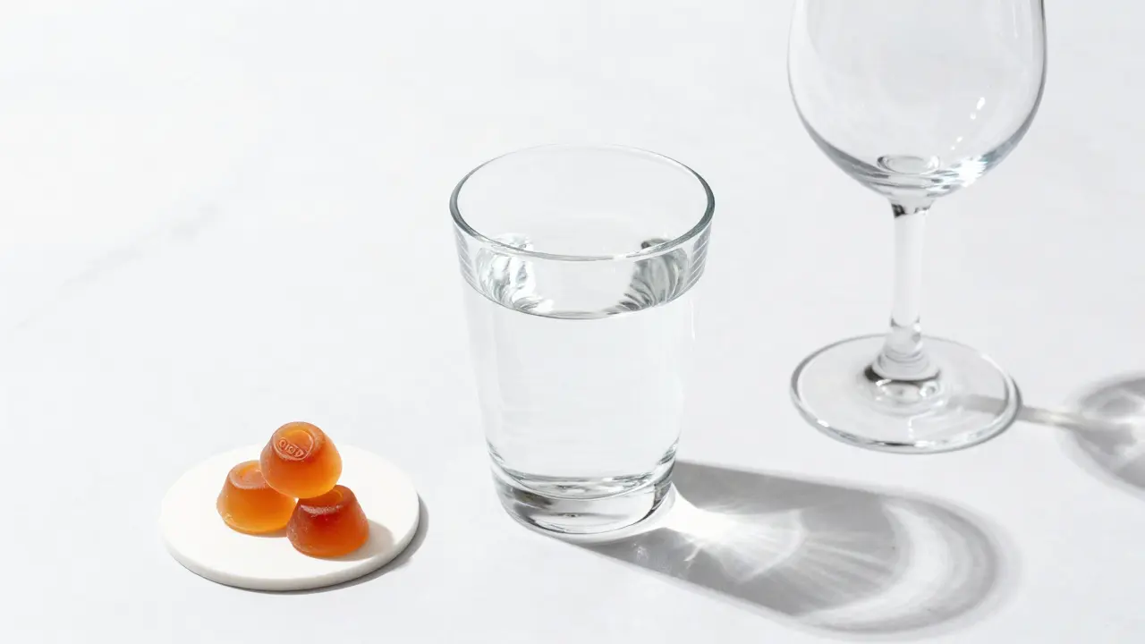 Wasserglas, CBD-Gummi und leeres Weinglas als Symbol für Sicherheit
