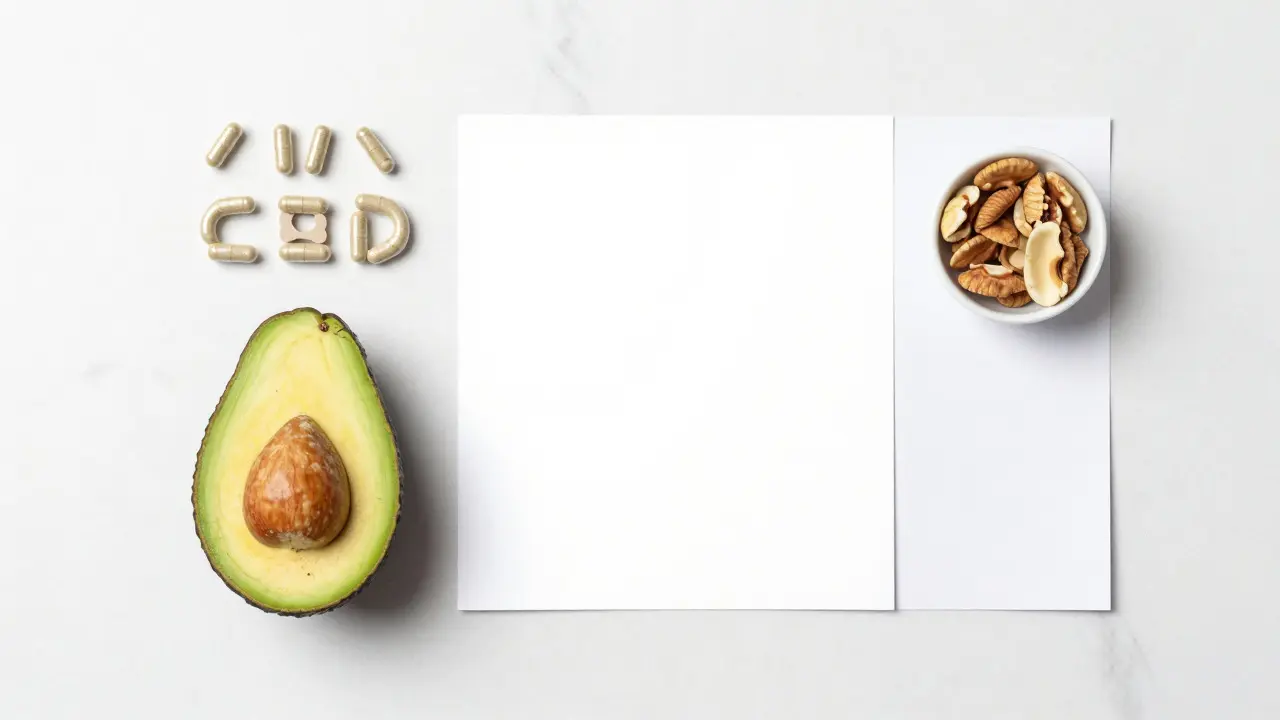 CBD-Kapseln neben gesunden Fetten wie Avocado und Nüssen