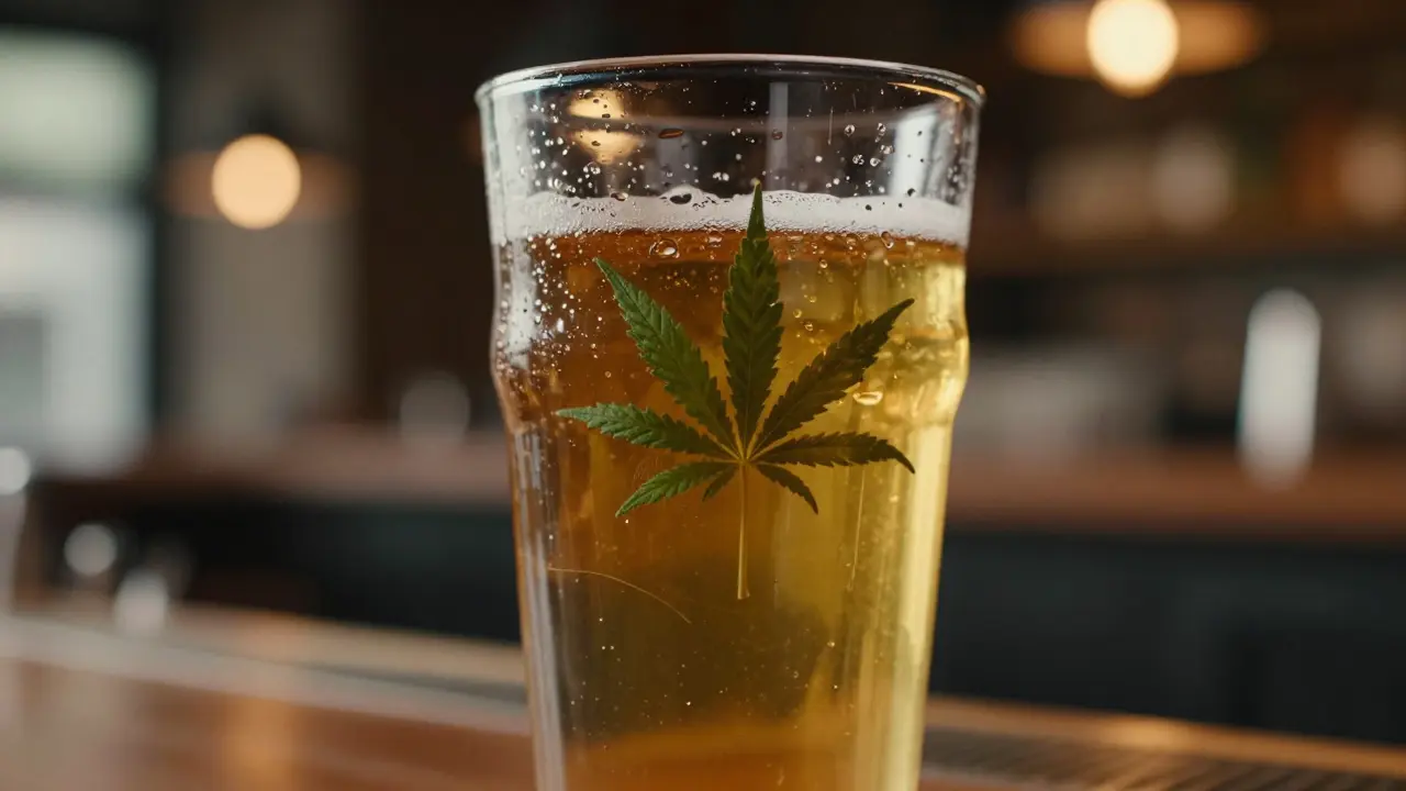 Ein Glas Cannabis-Bier in einer gemütlichen Bar
