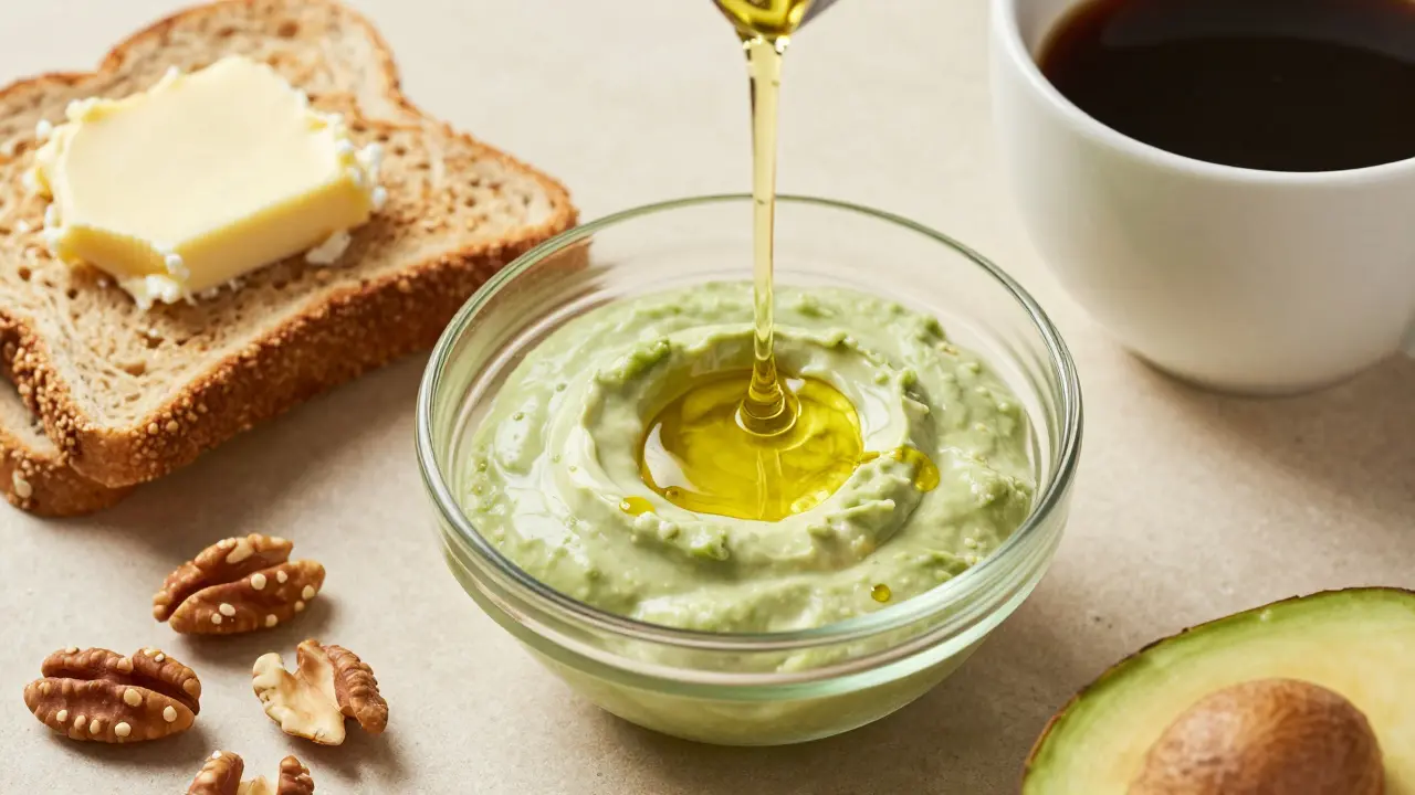 Gesundes Frühstück mit Avocado und Nüssen, um die Aufnahme von fettlöslichem CBD zu zeigen