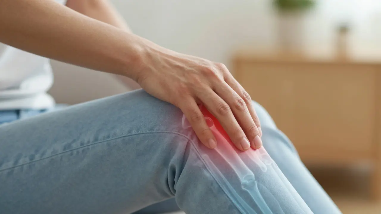 Hand am Knie mit visueller Darstellung von Entzündungslinderung
