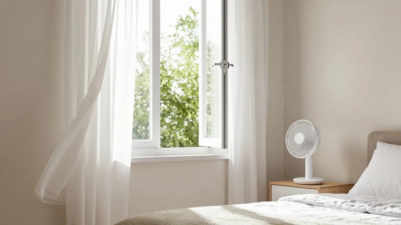 Helles Schlafzimmer mit offenem Fenster und Ventilator für frische Luftzirkulation.