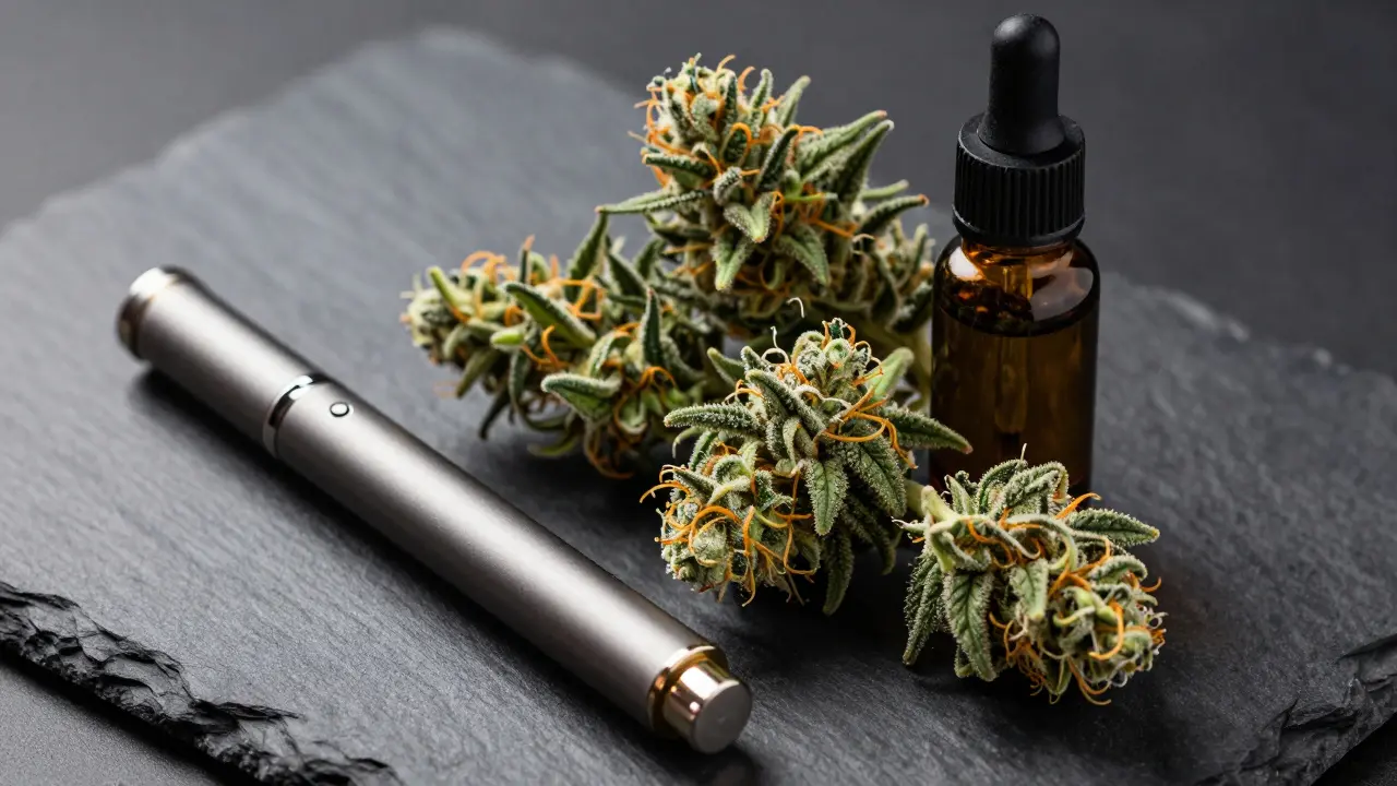 Makroaufnahme von Cannabis-Blüte, Vape-Pen und Ölflasche auf dunklem Stein