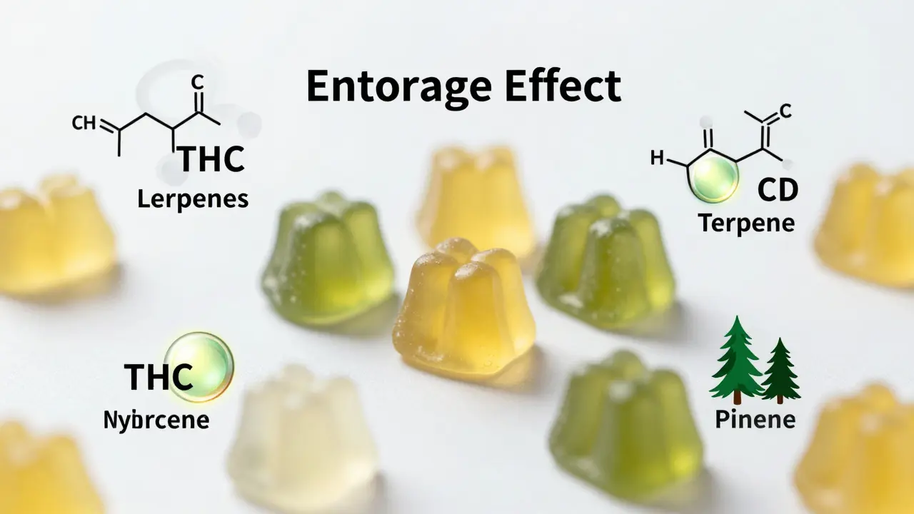 Makroaufnahme von Cannabis-Gummis mit chemischen Verbindungen wie THC, CBD und Terpenen
