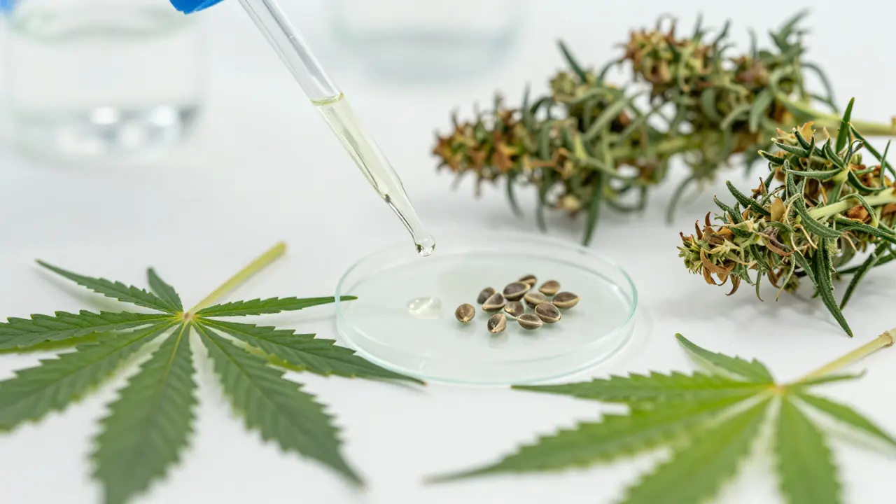 Makroaufnahme von Hanfsamen und Cannabis-Blüten im Labor zur THC-Analyse