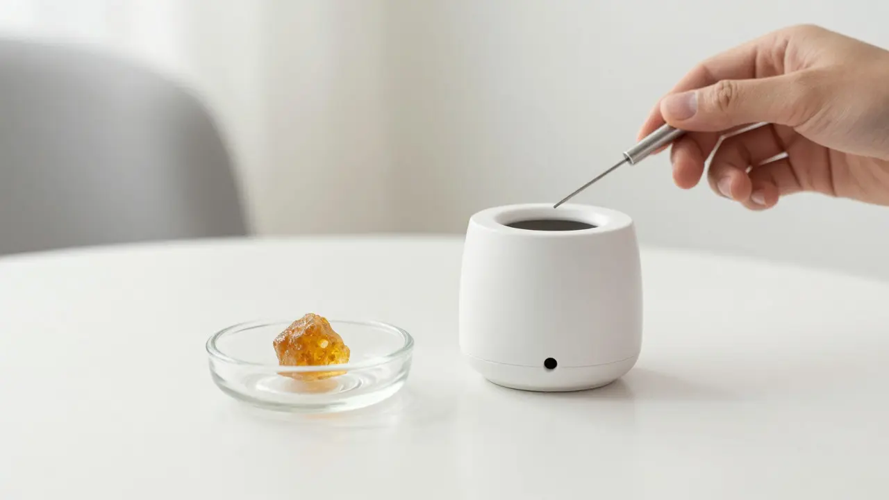 Moderner Vaporizer und kleine Menge CBD-Resin auf sauberer Tischplatte