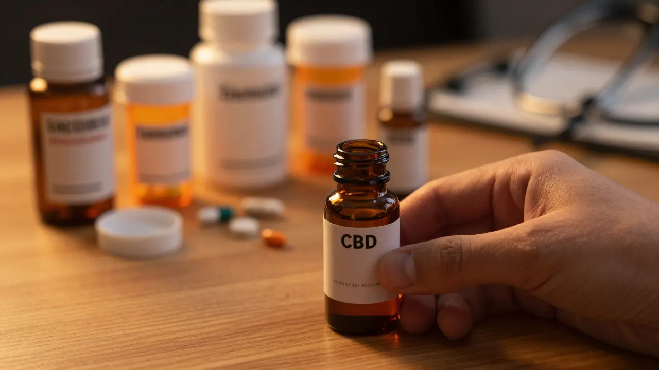 Nahaufnahme von CBD-Kapseln neben verschreibungspflichtigen Medikamenten