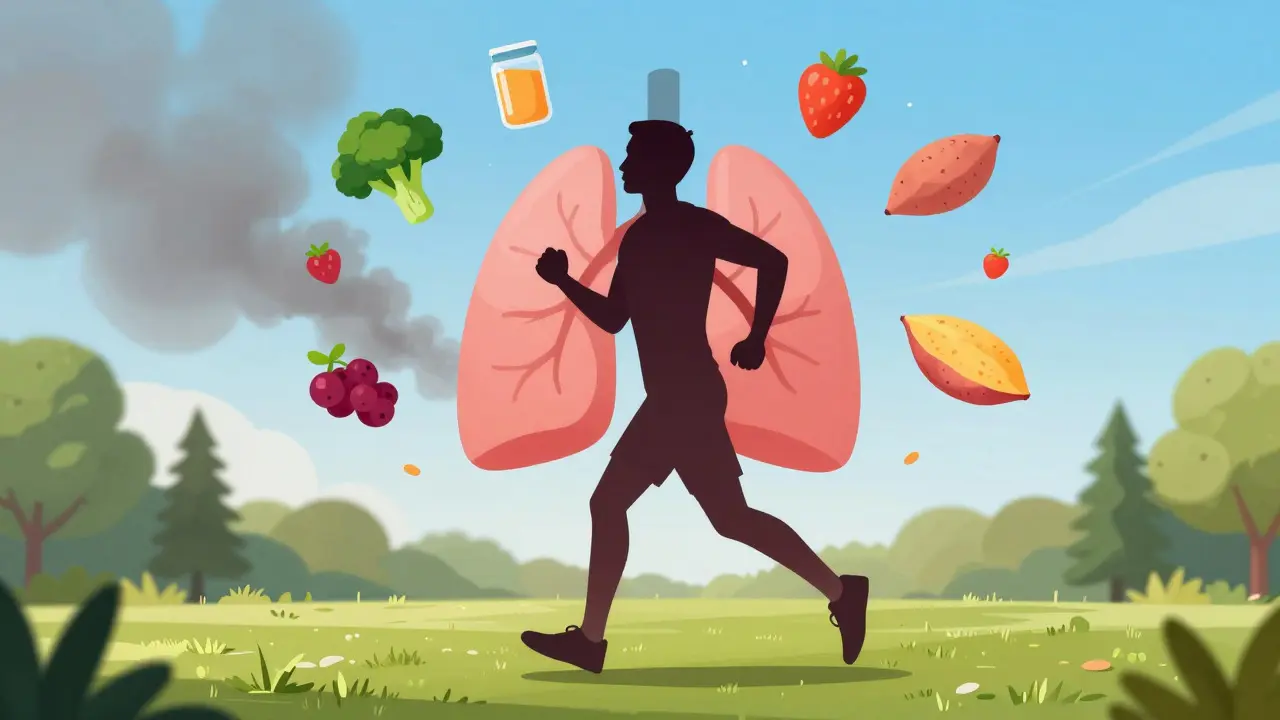 Person beim Joggen mit Symbolen für gesunde Ernährung zur Lungenheilung