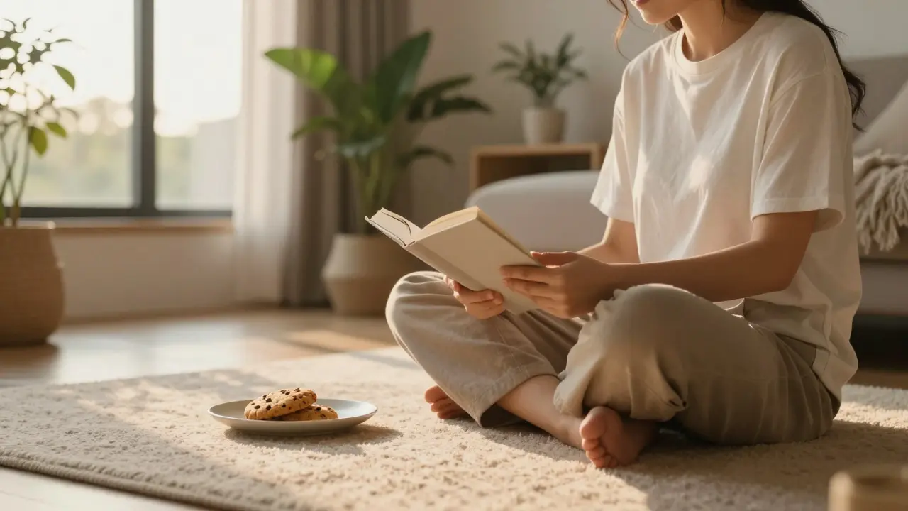 Person entspannt gemütlich zu Hause mit einem Keks und Buch