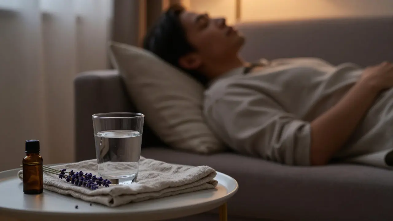 Person ruht sich mit Wasser und Lavendelöl aus