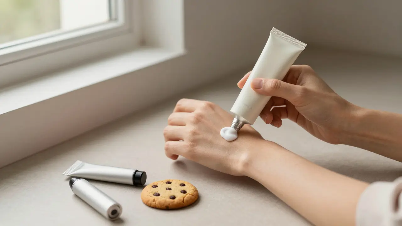 Person trägt Salbe auf den Arm, daneben Cookie und Vape-Gerät