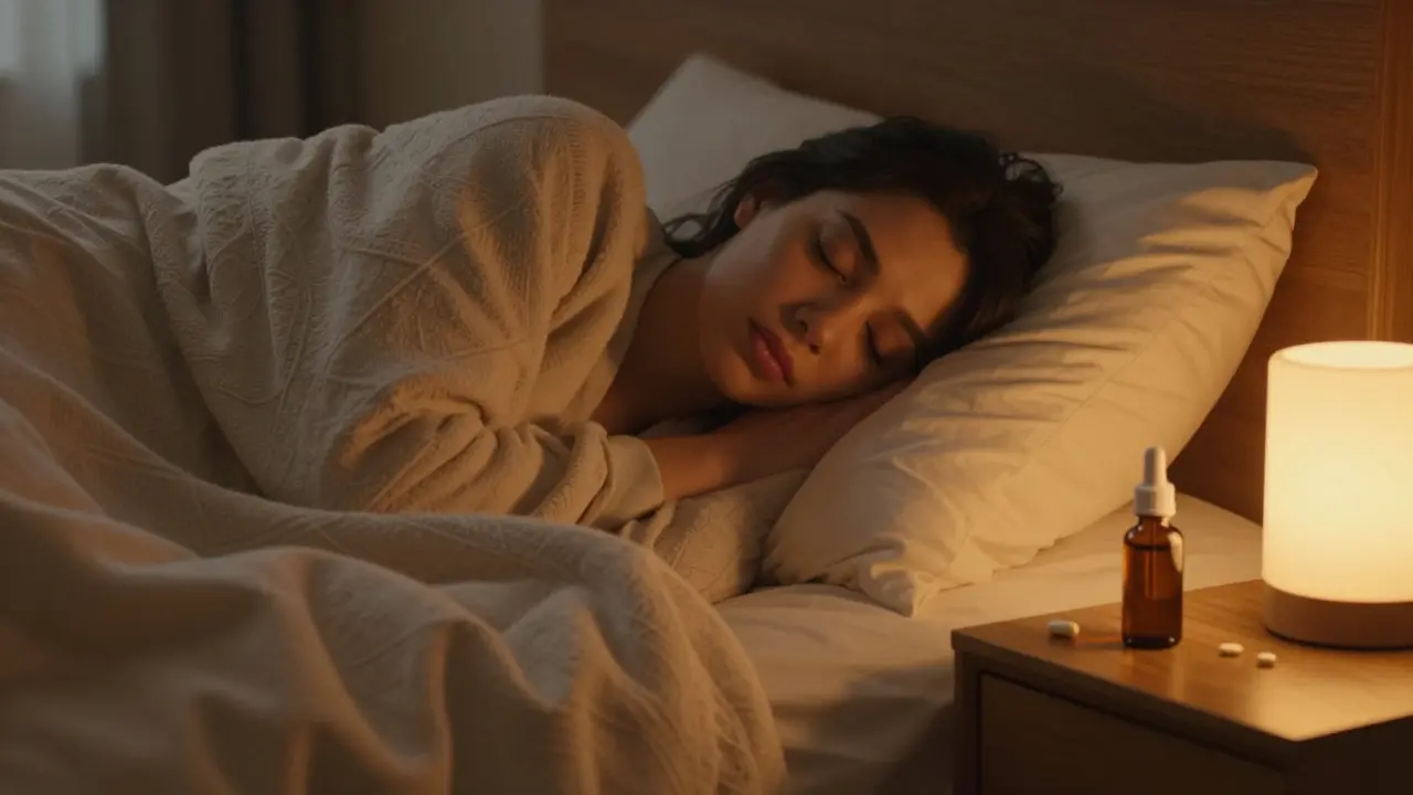 Ruhiger Schlaf unter einer Decke mit Schlafhilfen am Nachttisch