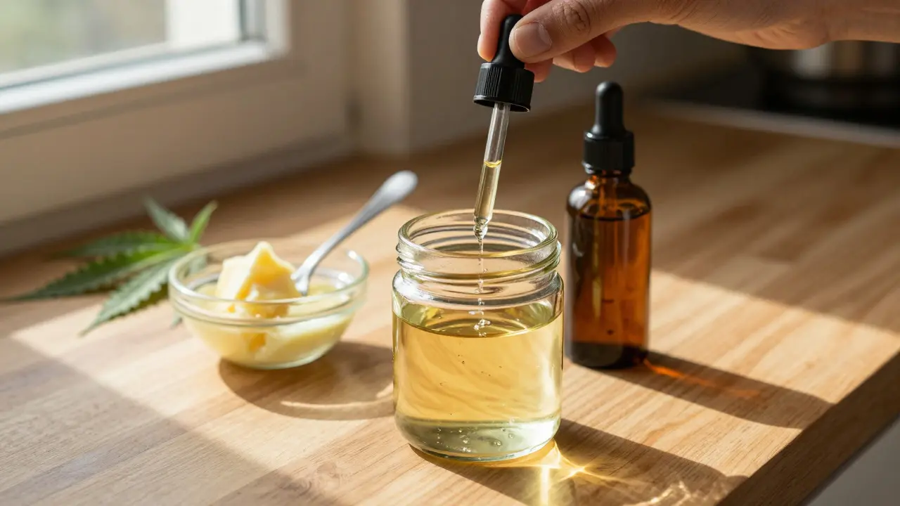 Selbstgemachtes CBD-Öl: Glasflasche, Trägeröl und Rührlöffel im Sonnenlicht
