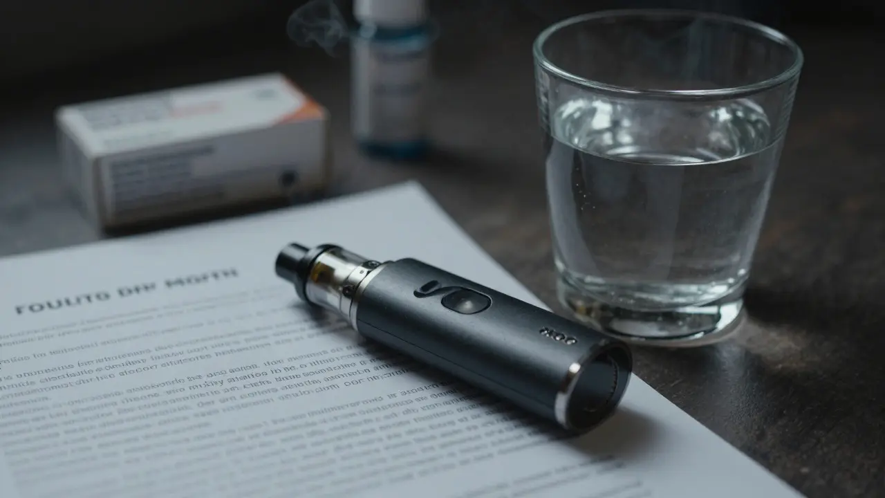 Vape-Gerät auf Tisch mit düsterer Beleuchtung