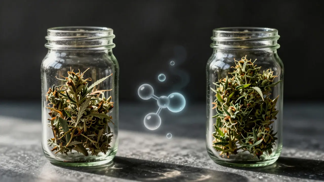 Vergleich von richtig und falsch gelagertem Cannabis bei Licht und Dunkelheit