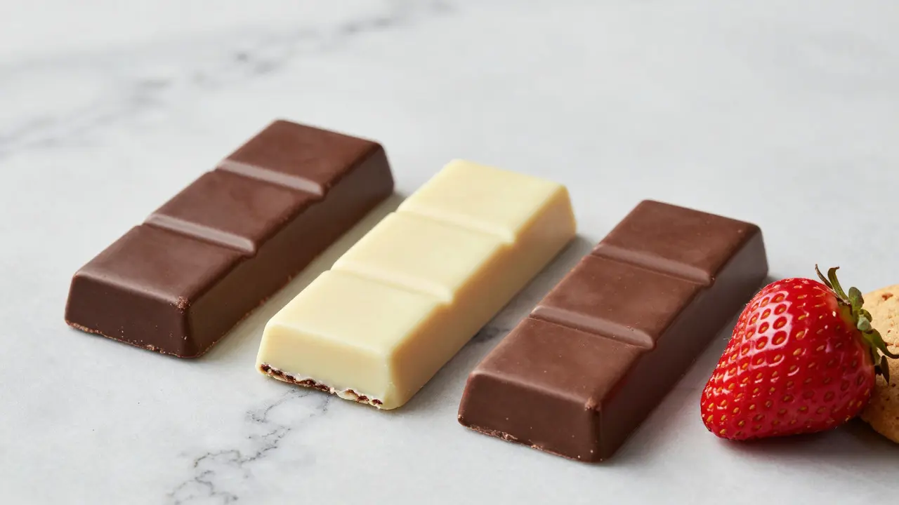 Verschiedene Schokoladenarten mit knackigem Bruch neben Obst und Keksen
