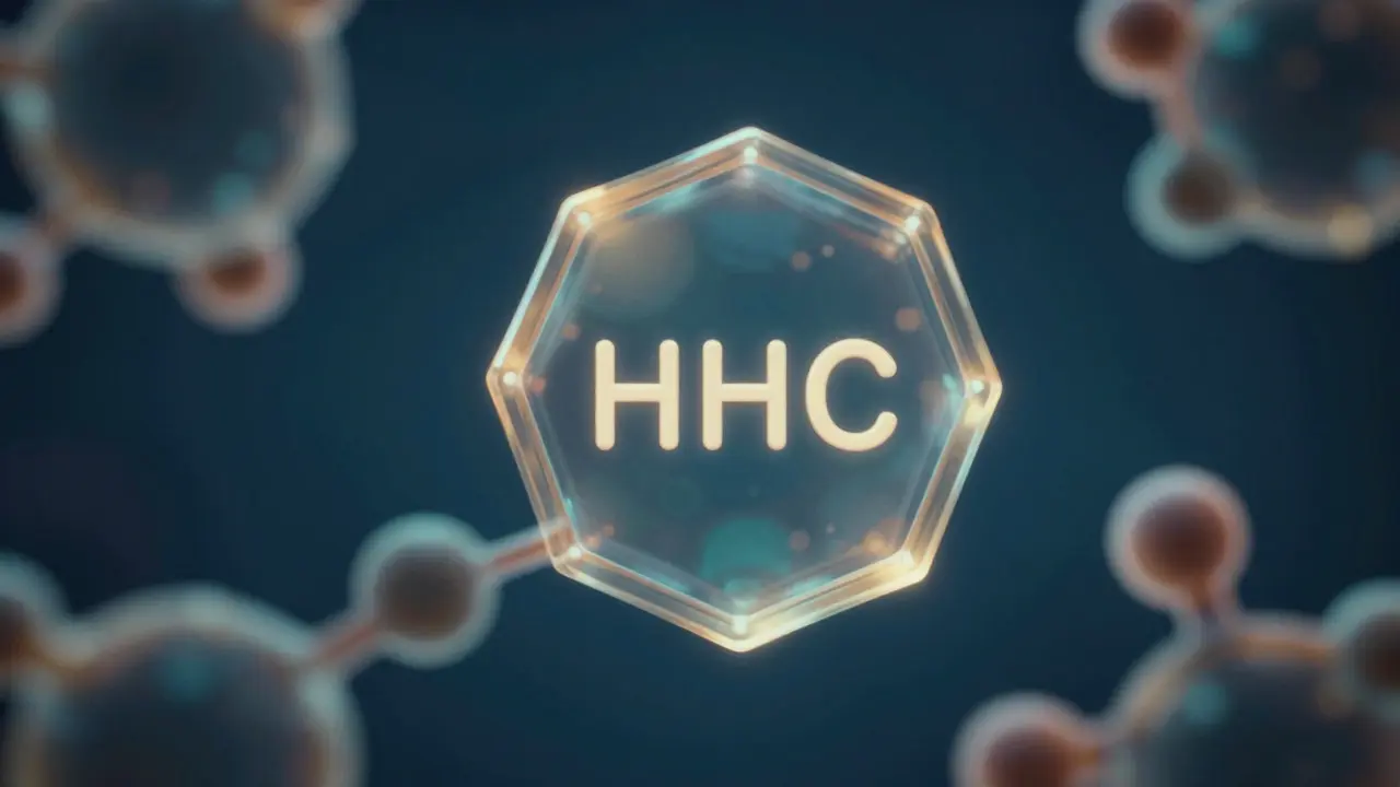 Abstract glowing chemical molecule representing HHC structure