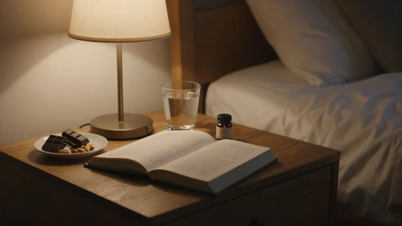 Bedside table with CBD capsules, chocolate, and water in a dim room