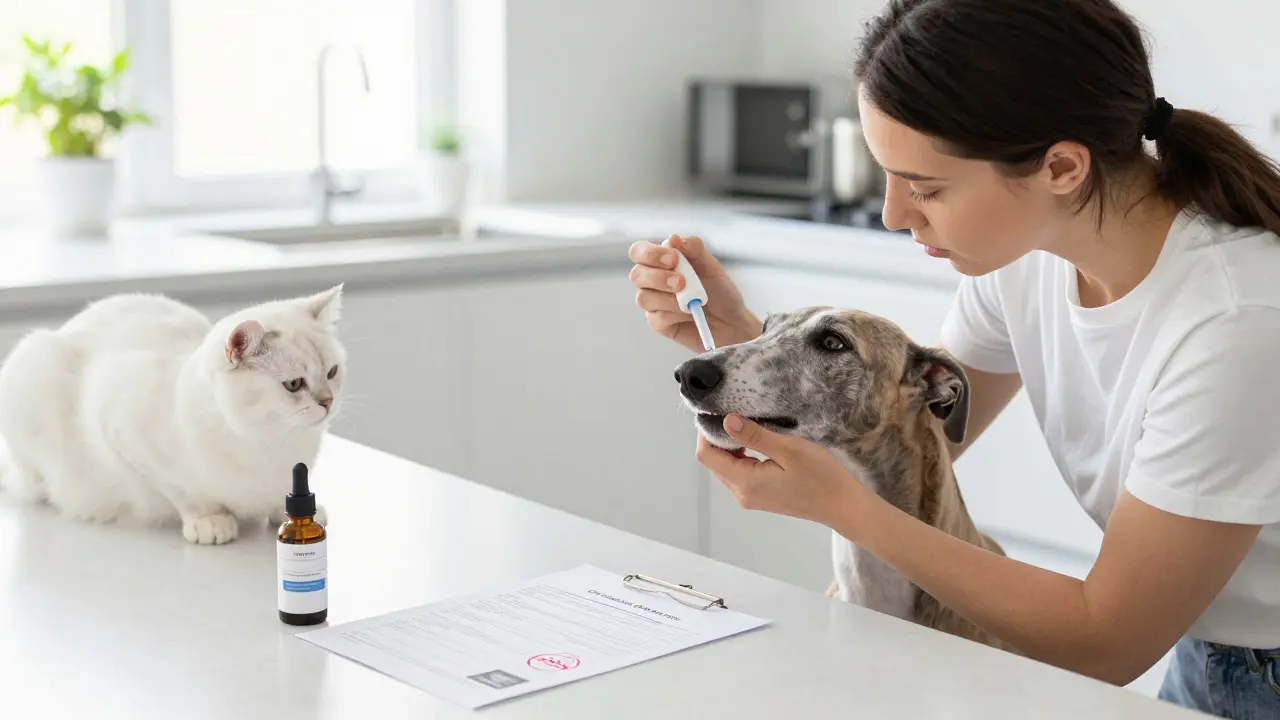 Besitzer gibt Hund CBD-Tropfen, Qualitätssicherung im Fokus