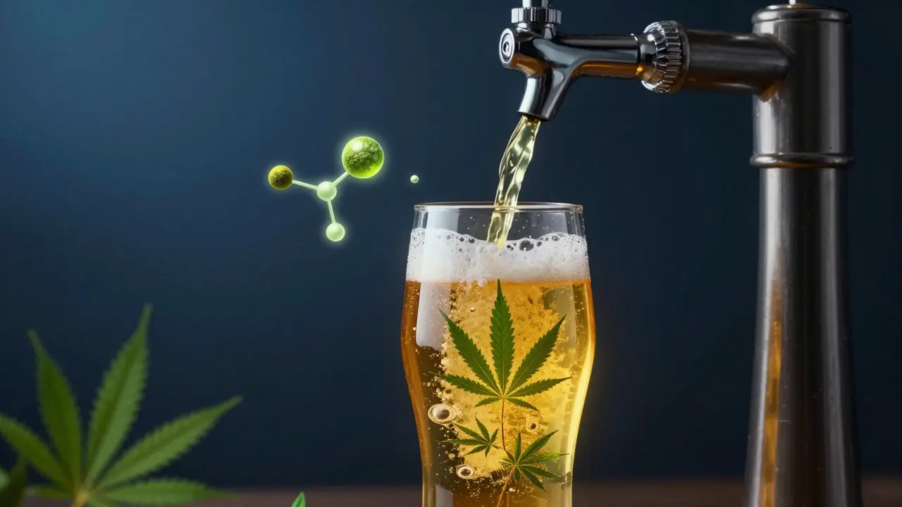 Bierfluss mit leuchtenden Cannabispflanzen und Molekülstrukturen