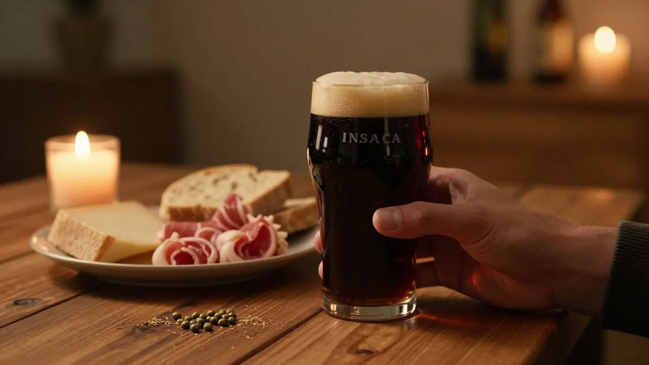 Dunkles Porter-Bier mit fettreichem Essen bei Kerzenschein