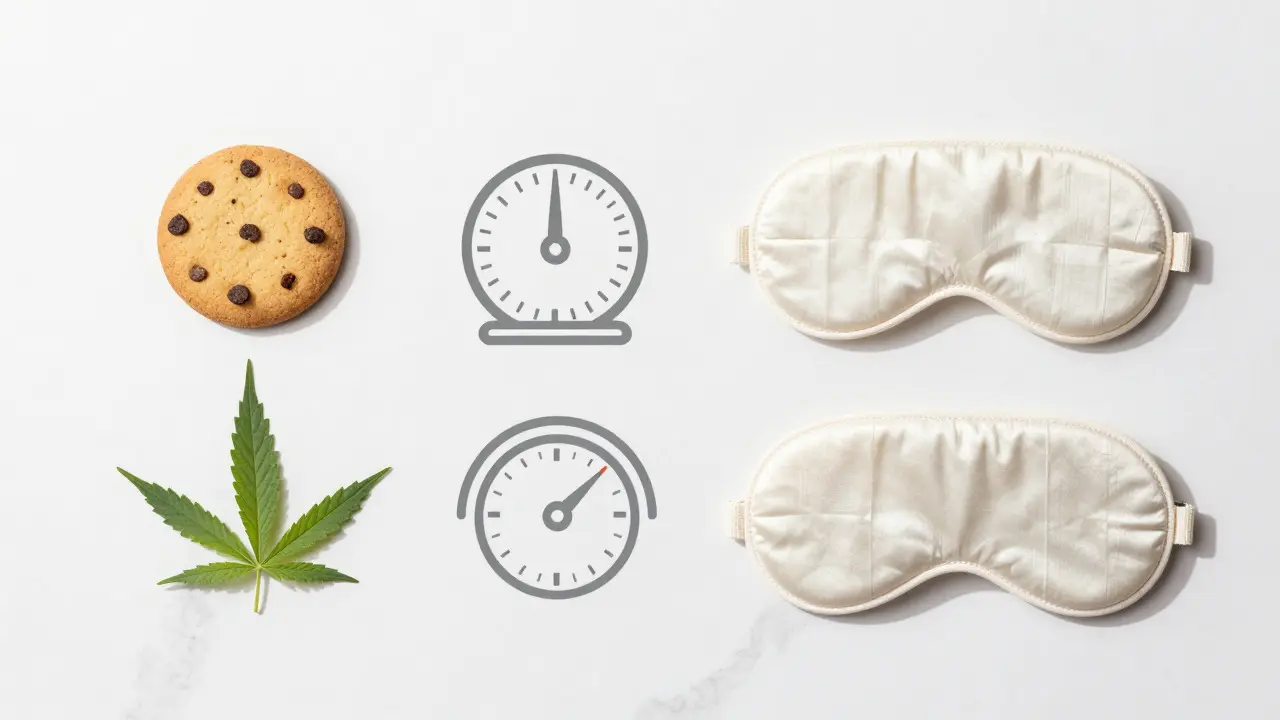 Flachlayout mit CBD-Keks, Hanfblatt und Schlafmaske auf weißem Marmor für Wohlbefinden