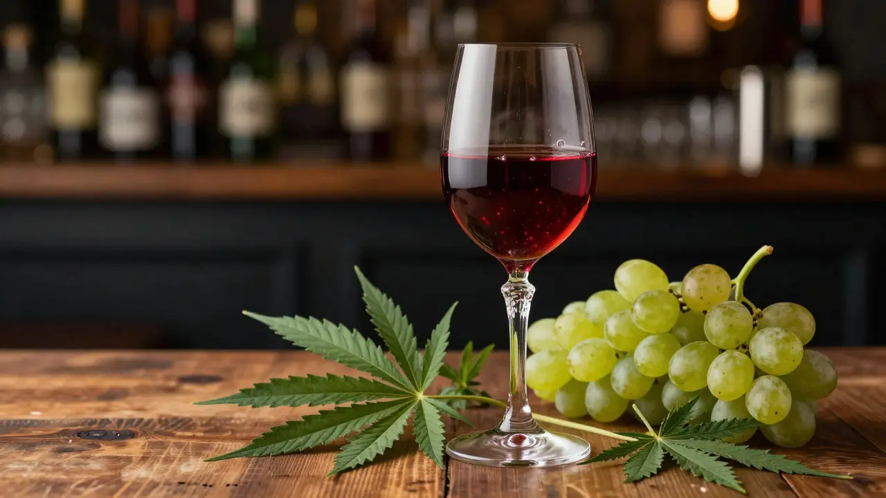 Glas Cannabis-Wein mit Hanfblättern auf rustikalem Holztisch