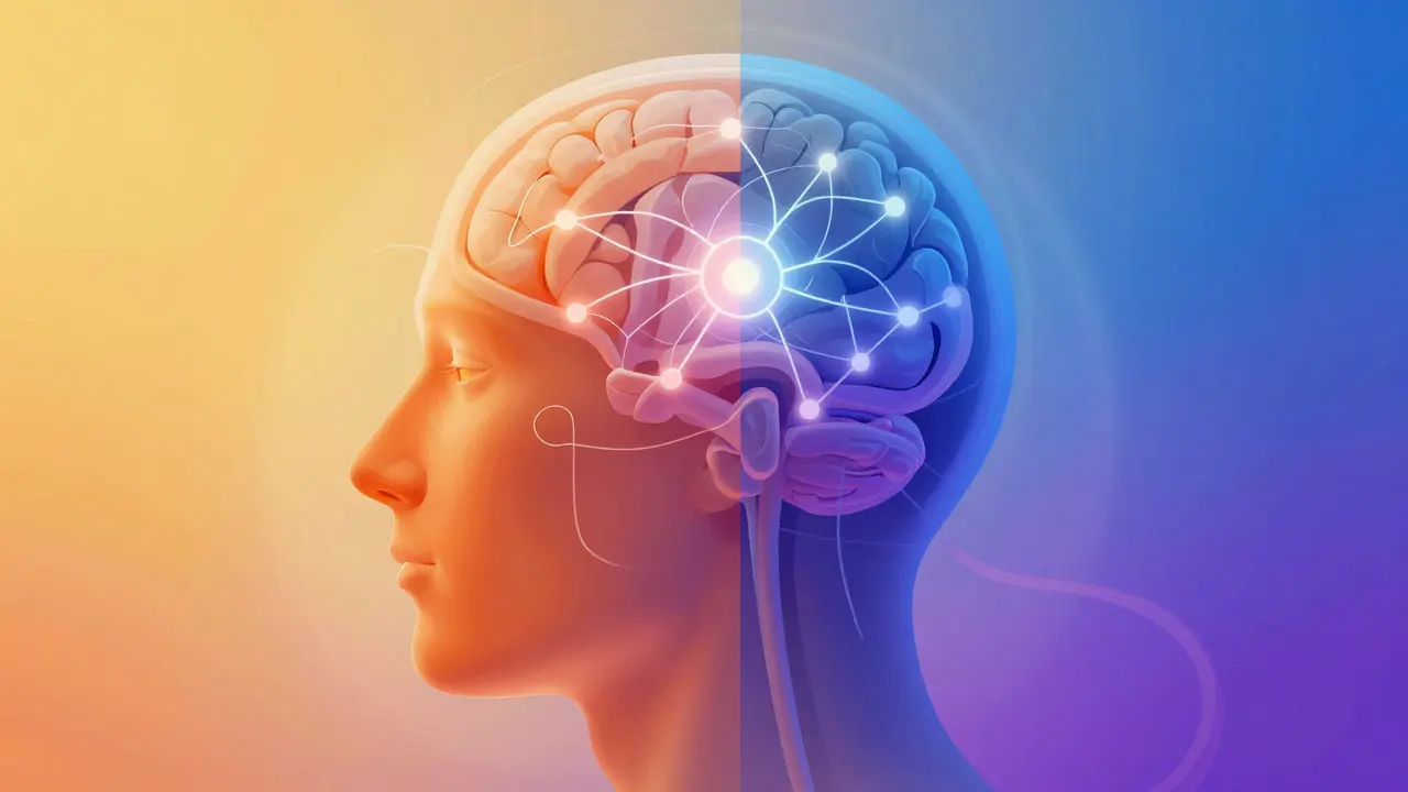 Illustration of a head showing day-night cycle and neural activity