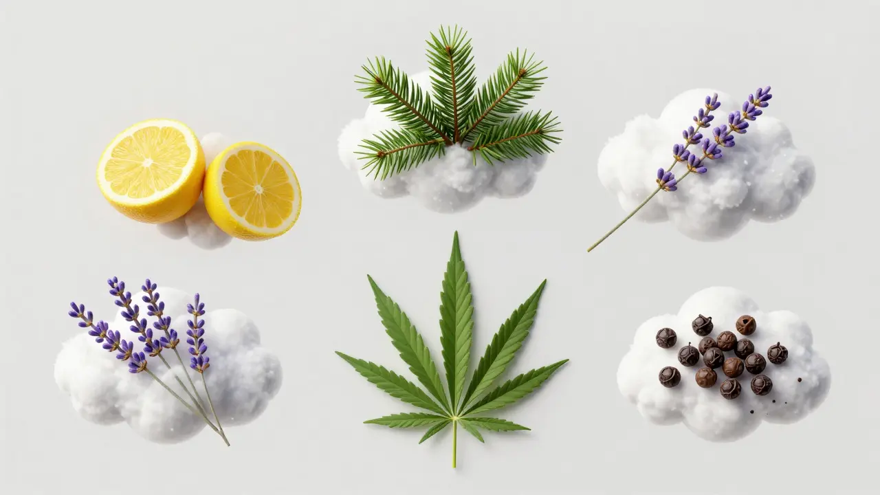 Illustration verschiedener Terpene wie Zitrus, Kiefer und Lavendel