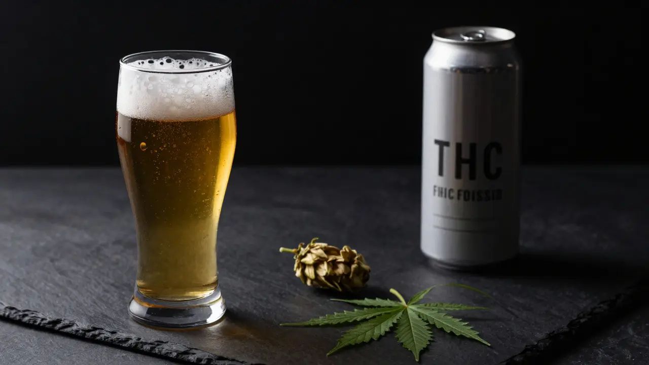 Konzeptbild: Klassisches Bier vs. Cannabis-Getränk