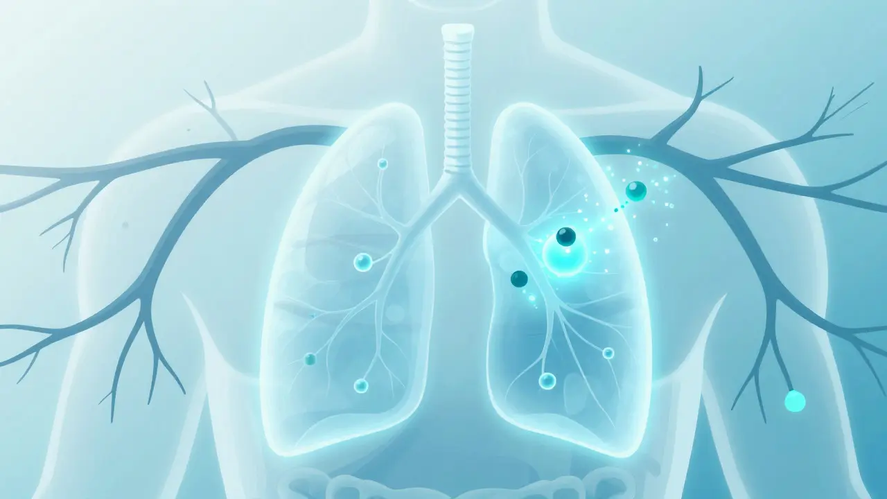 Konzeptionelle Illustration von CBD-Molekülen, die über die Lunge schnell ins Blut aufgenommen werden