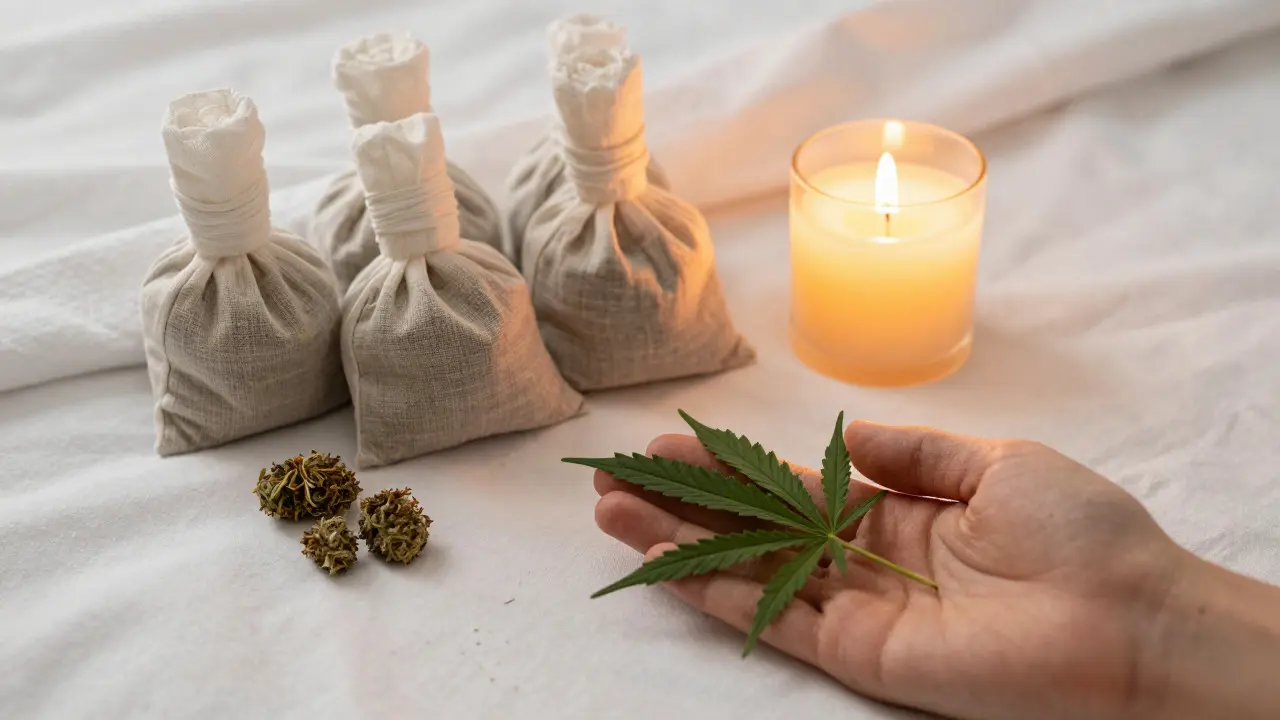 Linen-Säckchen mit Kräutern und Kerze für entspannte Aromatherapie