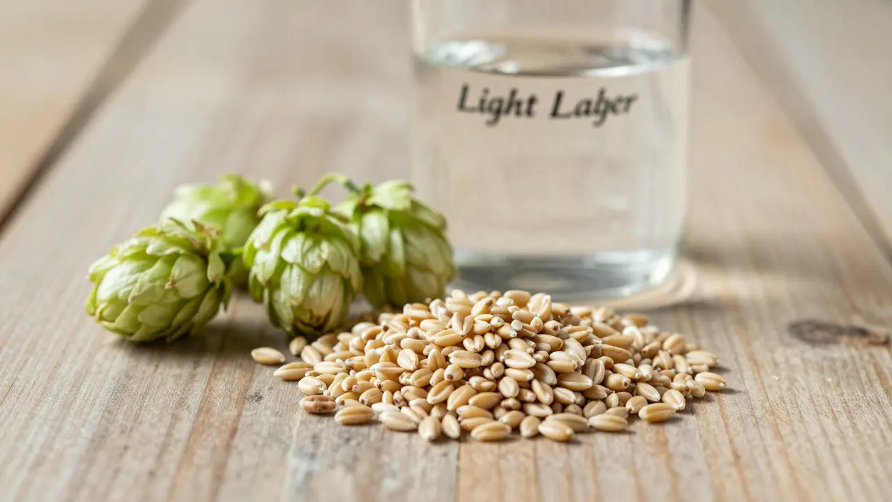 Malzkörner und Hopfen auf Holz, Symbol für die Basis von Light Lagers