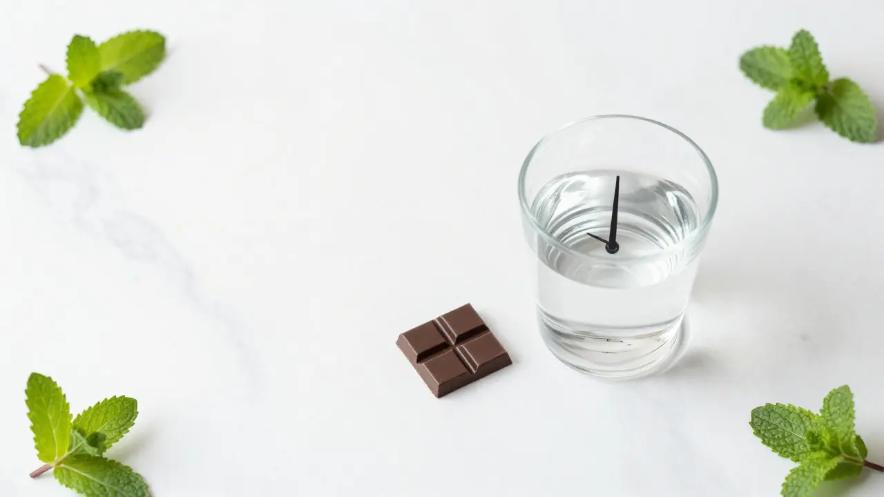 Minimalistisches Bild: Ein Stück Schokolade, Wasser und Uhr für Dosierung