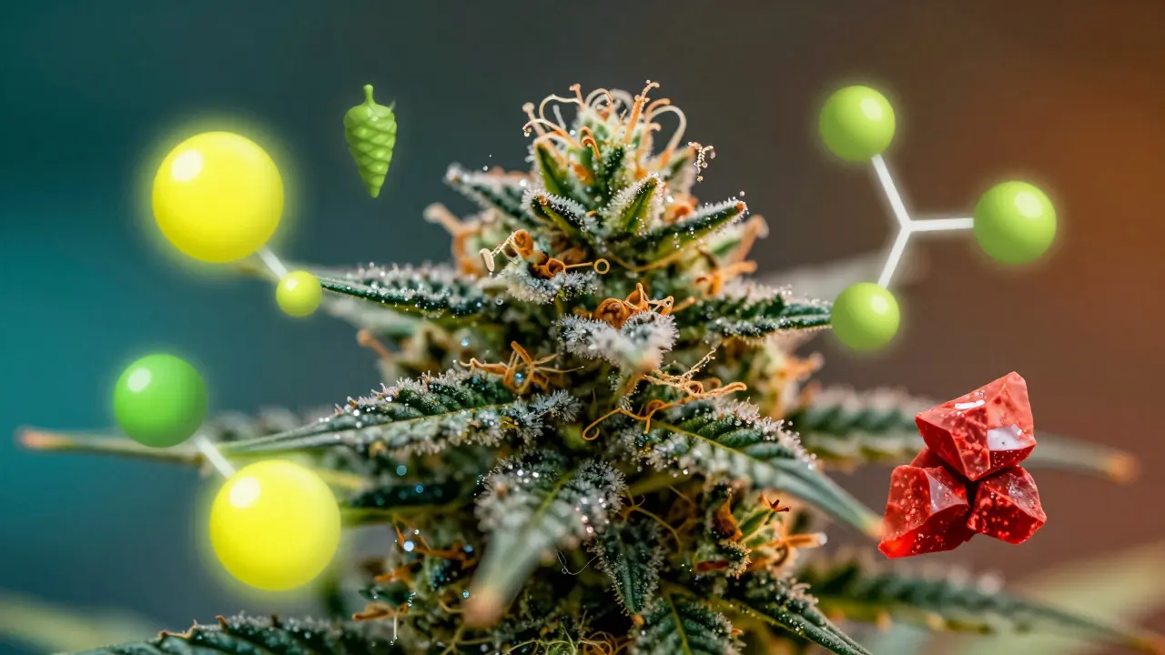 Nahaufnahme von Cannabistrichomen mit leuchtenden Terpen-Molekülen