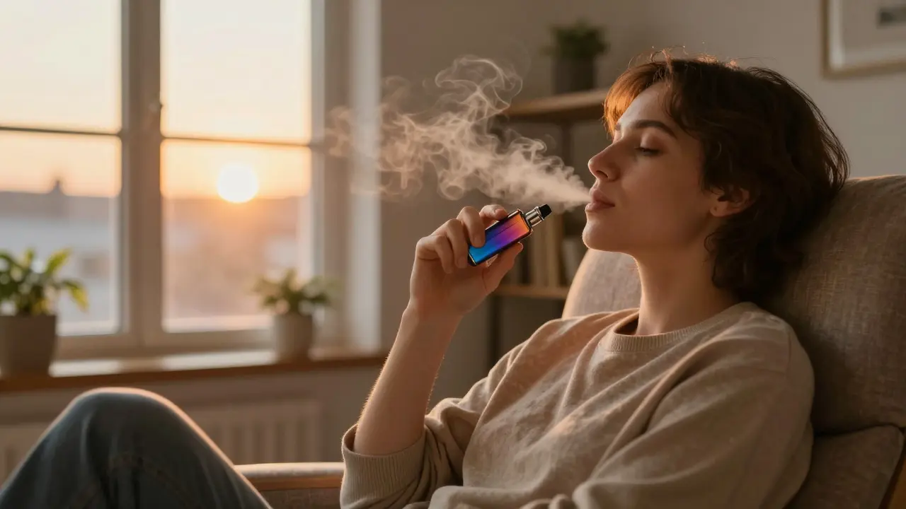 Person entspannt sich abends im Sessel und nutzt eine kleine Vape-Penne für schnelle Linderung