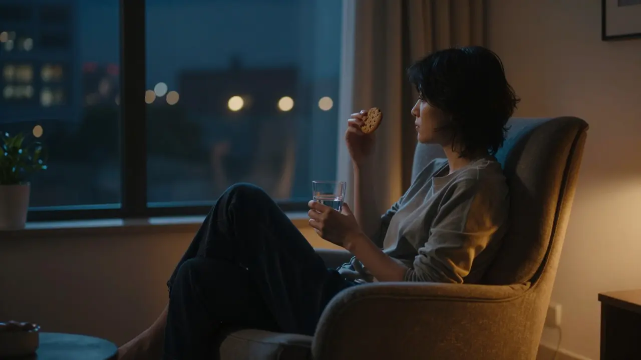 Person relaxing in a chair at night with a cookie and water