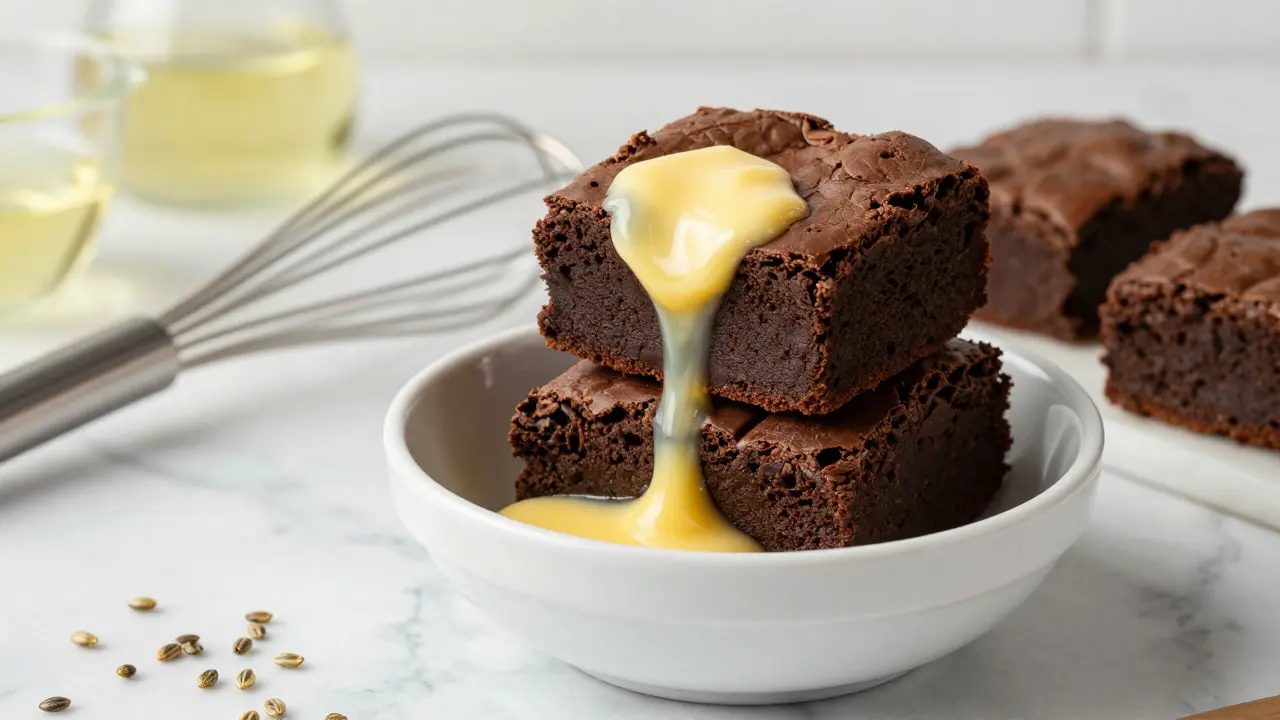 Schüssel mit CBD-Butter und Schokoladenbrownies auf Marmorarbeitsplatte