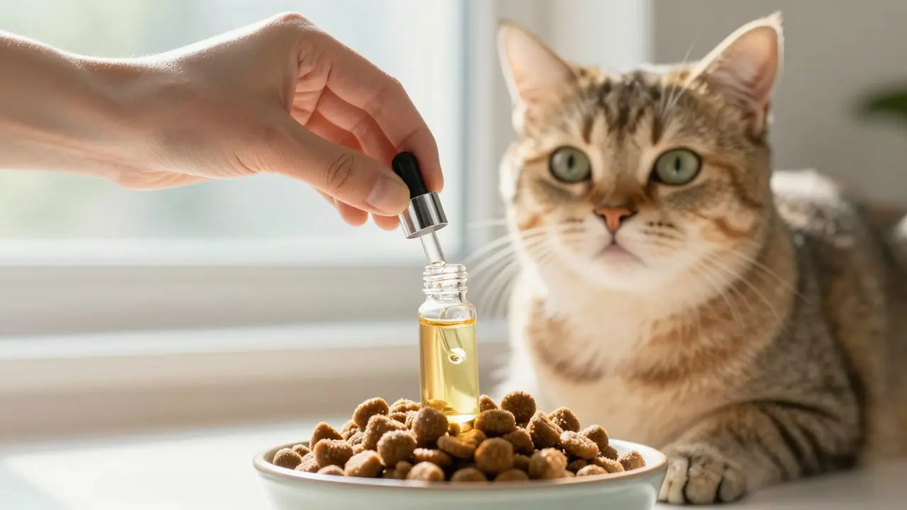 Tierarzt gibt CBD-Öl ins Futter, eine Katze schaut zu