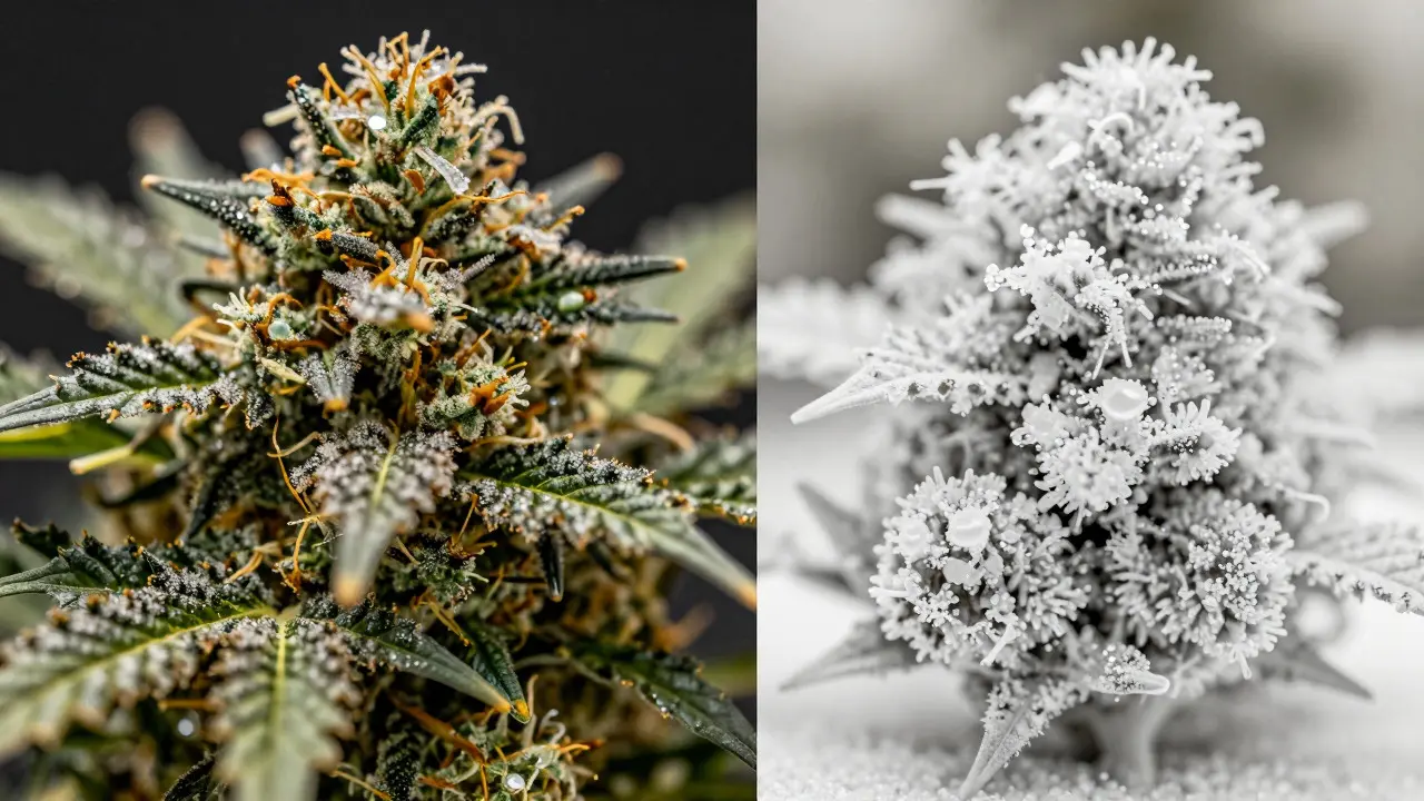 Vergleich von dichter Trichom-Bedeckung bei verschiedenen Cannabisqualitäten