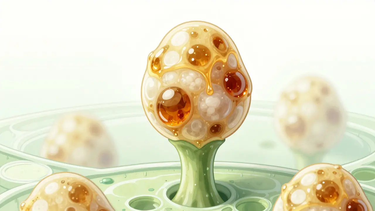 Wissenschaftliche Illustration eines Cannabistrichoms unter dem Mikroskop