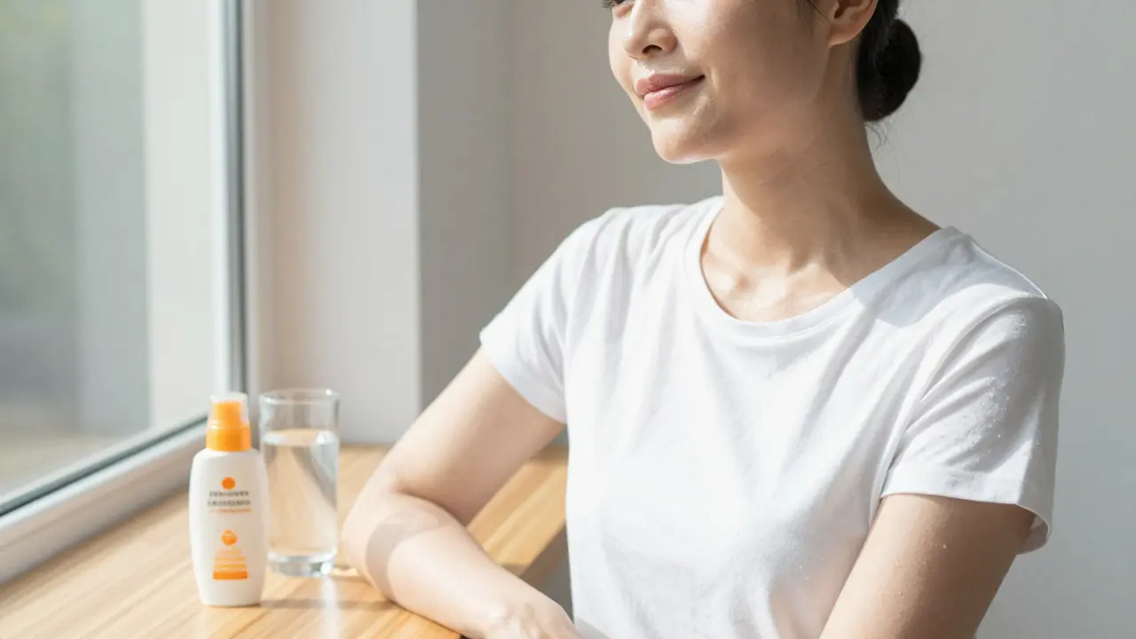 Woman with radiant skin near a window with sunscreen nearby